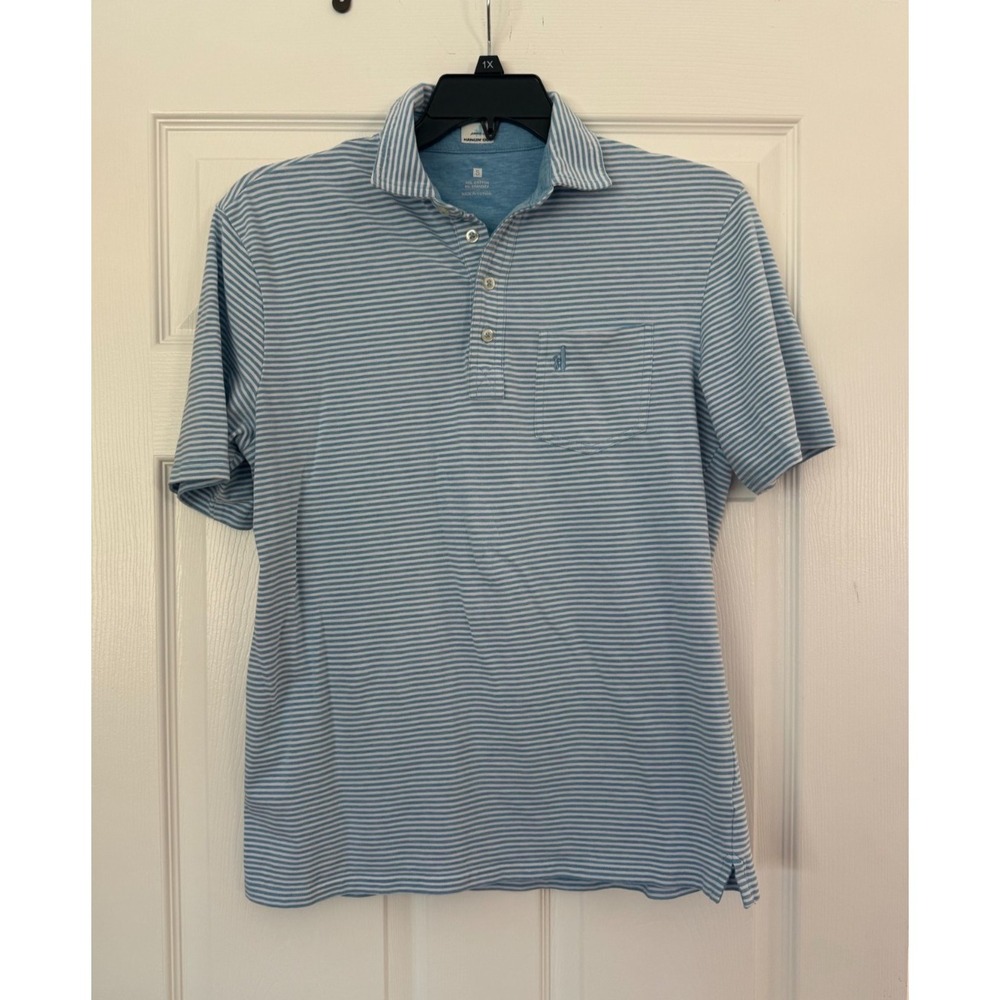 Johnnie-O Hangin' Out Men's Size S Blue White Striped Polo Shirt Pocket Stretch